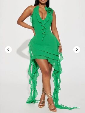 NWT Fashion Nova green Ruffles and Roses asymmetrical mini dress in Kelly Green